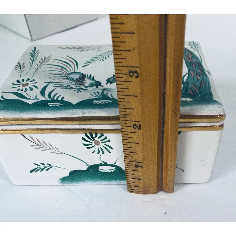 VTG  Porcelain trinket Box Roster  Bird Flower  Green W Gold Trim Italy ARS 792